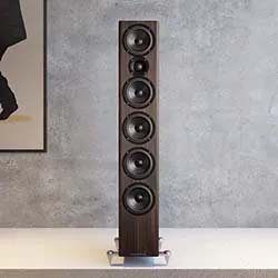 Tall wooden speaker with six circular drivers, positioned against a gray textured wall. Minimalist and elegant design suggests premium audio quality.
