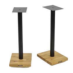 Two speaker stands with square black metal tops and tall black stems, featuring square wooden bases. They convey a sleek, modern design.