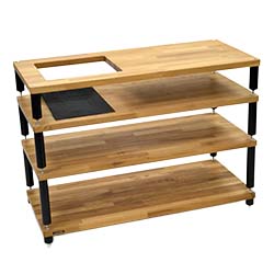 Three-tier wooden shelf with black metal supports, featuring a cut-out and a black panel on the top shelf. Minimalist and functional design.