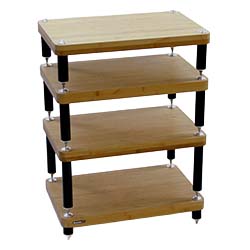 Four-tier wooden shelf with black metal supports and adjustable feet. Each shelf is rectangular, conveying a modern, minimalist aesthetic.