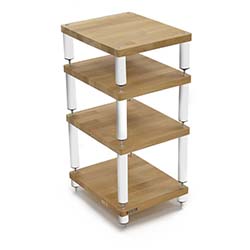 Four-tier shelf with light wood square shelves and white cylindrical supports, creating a modern and minimalist design. Perfect for organized storage.