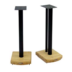 Two black metal speaker stands with rectangular tops and wooden bases, set against a white background, conveying a sleek, modern design.