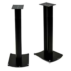 Two sleek black metal speaker stands with square bases and tops, placed on a plain white background, conveying a modern and minimalist aesthetic.