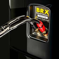 Close-up of a BRX speaker with shiny speaker cables connected. The brand label "Bookshelf Reference X" is visible, conveying a high-end audio feel.