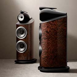 Two high-end speakers with a glossy wood finish and sleek black accents are positioned on a gray surface, conveying a sense of luxury and sophistication.