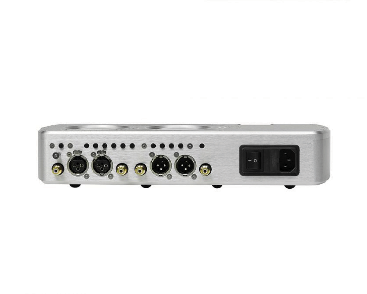 The image shows the back panel of a silver audio component featuring multiple audio input and output ports, power switch, and power socket.