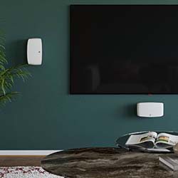 Modern living room with a large, wall-mounted TV on a dark green wall. Nearby are stylish Wi-Fi routers and a plant, with a round table and open book below.