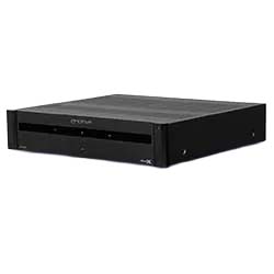 A black audio amplifier with a sleek, rectangular design, featuring the brand name "Emotiva" on the front panel, giving a modern and professional appearance.