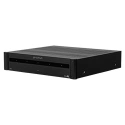 Alt text: "A black electronic rack-mounted device with a sleek, modern design. The front panel features minimalistic buttons and a power indicator."