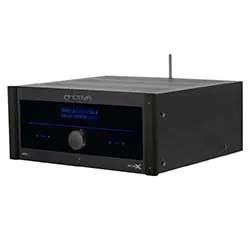 A sleek, black audio receiver with a central knob, digital display, and an antenna on top, conveying a modern, high-tech vibe.