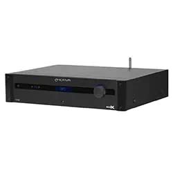 Black audio amplifier with a sleek design, featuring a prominent volume knob, digital display, and an antenna, set against a white background.