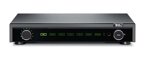 Sleek black audio receiver with a minimalist design. Features include a digital display, two round control knobs, green indicator lights, and multiple input options.