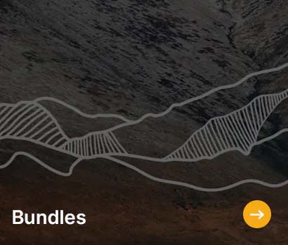 Abstract mountainous landscape with white contour lines and hatch patterns. The word "Bundles" is at the bottom left, with an orange arrow on the right.