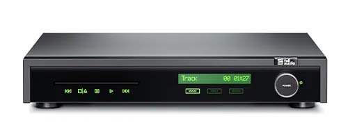 A sleek black CD player with a digital display showing "Track 01 0:12." Green control icons are on the front panel, creating a modern, tech-savvy vibe.