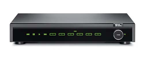 A sleek black audio receiver with a minimalist design. It features a front control panel with glowing green touch-sensitive buttons and a large volume knob.