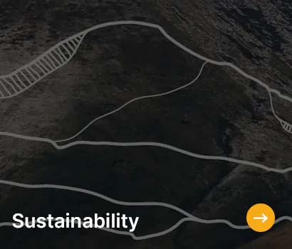 Aerial view of a dark, textured landscape with wavy white contour lines drawn over it. The word "Sustainability" and an orange arrow are in the lower corner.