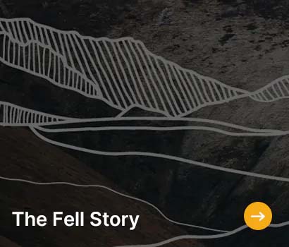 Abstract mountain landscape with white contour lines against a dark, rocky background. Bottom text reads "The Fell Story" with an orange arrow icon.