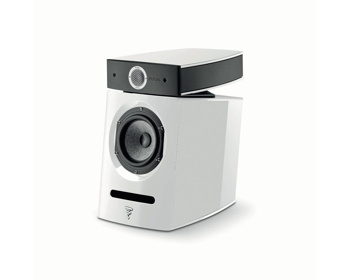 A sleek white speaker with a modern design, featuring a prominent round driver and black accents, exuding a sense of high-quality audio equipment.