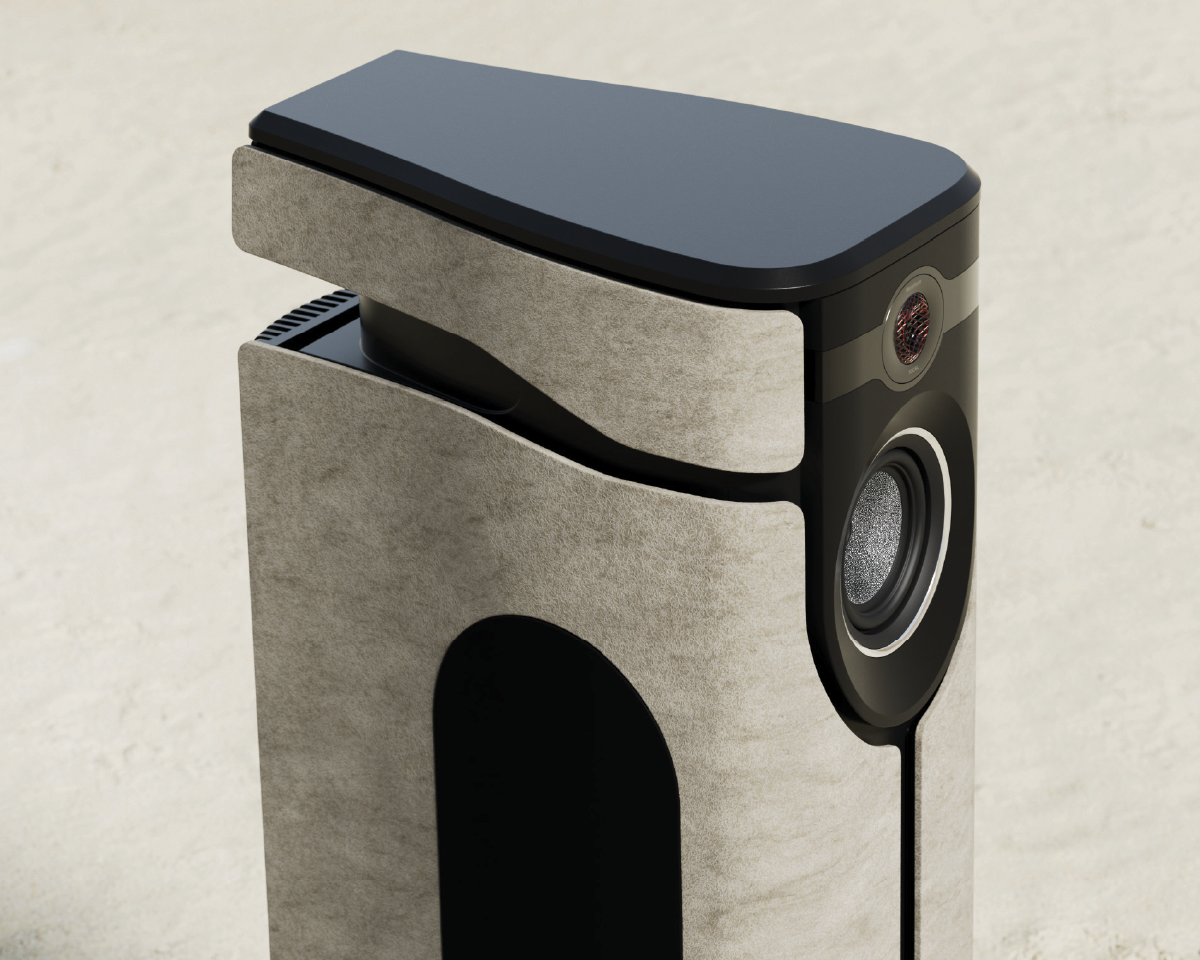 A sleek, modern air purifier with a curved black top and light gray body, featuring a circular vent and sensor on a smooth, minimalist surface.