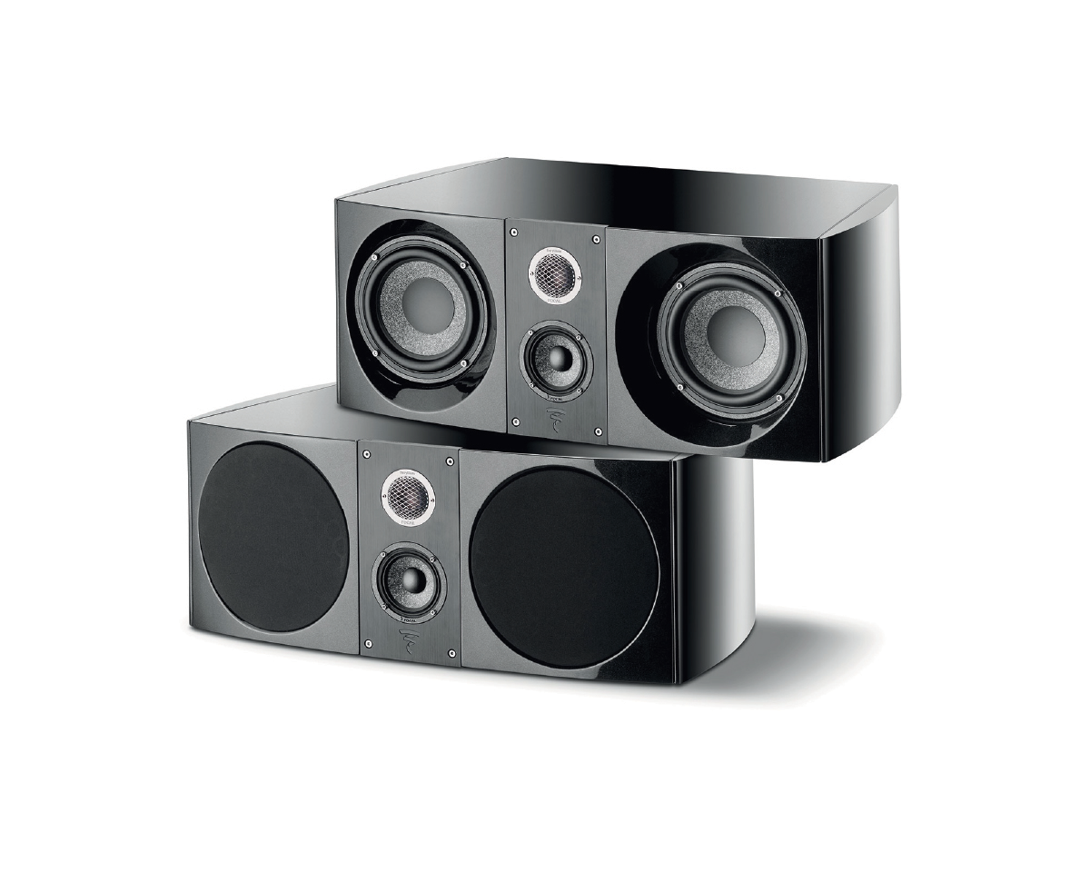 Two sleek black audio speakers are stacked. Each has dual woofers and tweeters, with a glossy finish, conveying a modern, high-quality vibe.