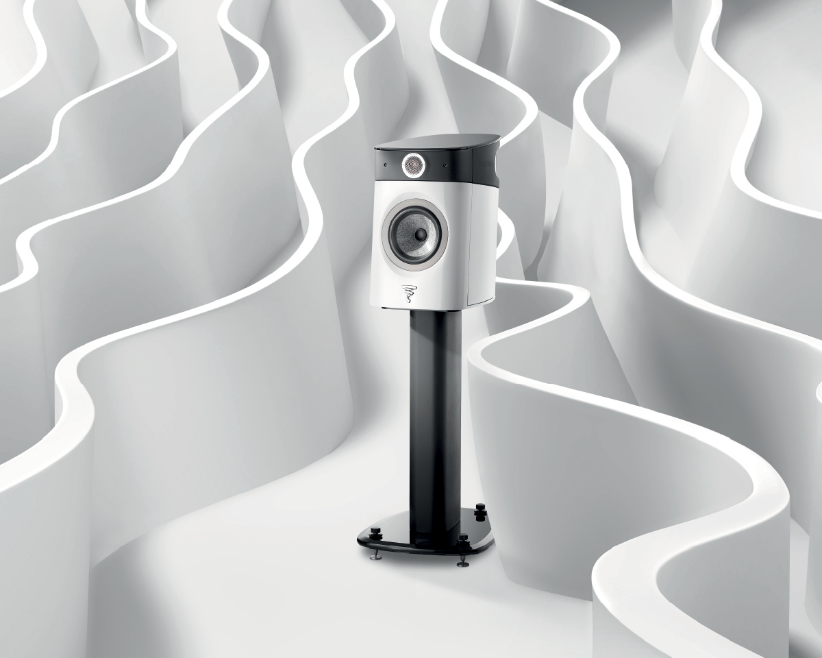 High-end speaker on a stand, set against an abstract backdrop of flowing, white, wave-like structures. The scene conveys a modern, sophisticated vibe.