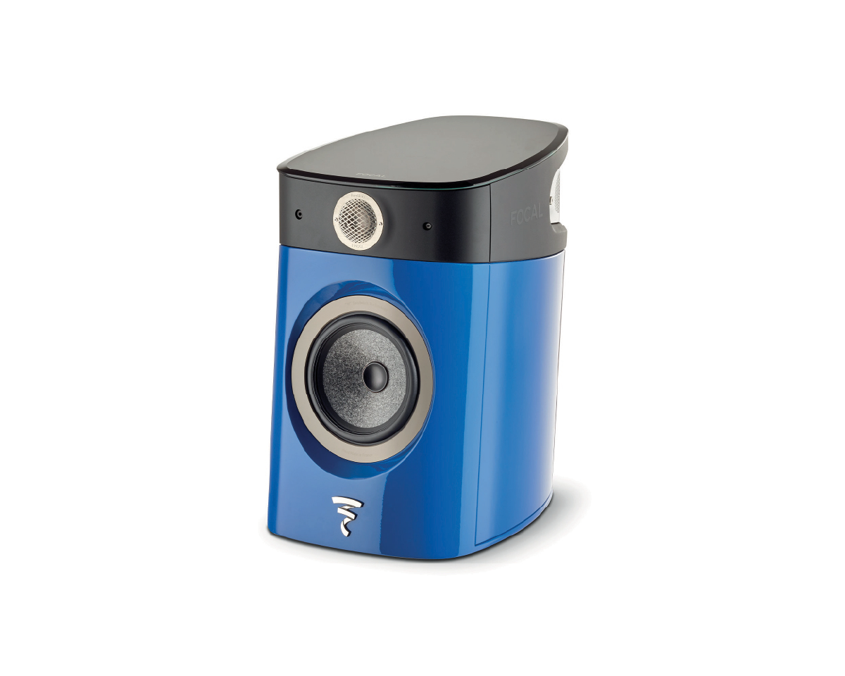A modern, sleek bookshelf speaker in glossy blue with a black top. It features a large circular woofer and smaller tweeter, conveying high-end audio quality.