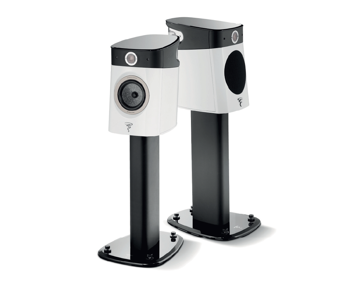Two sleek white speakers with black accents stand on sturdy black platforms. They convey an elegant and modern design, suitable for high-quality audio.
