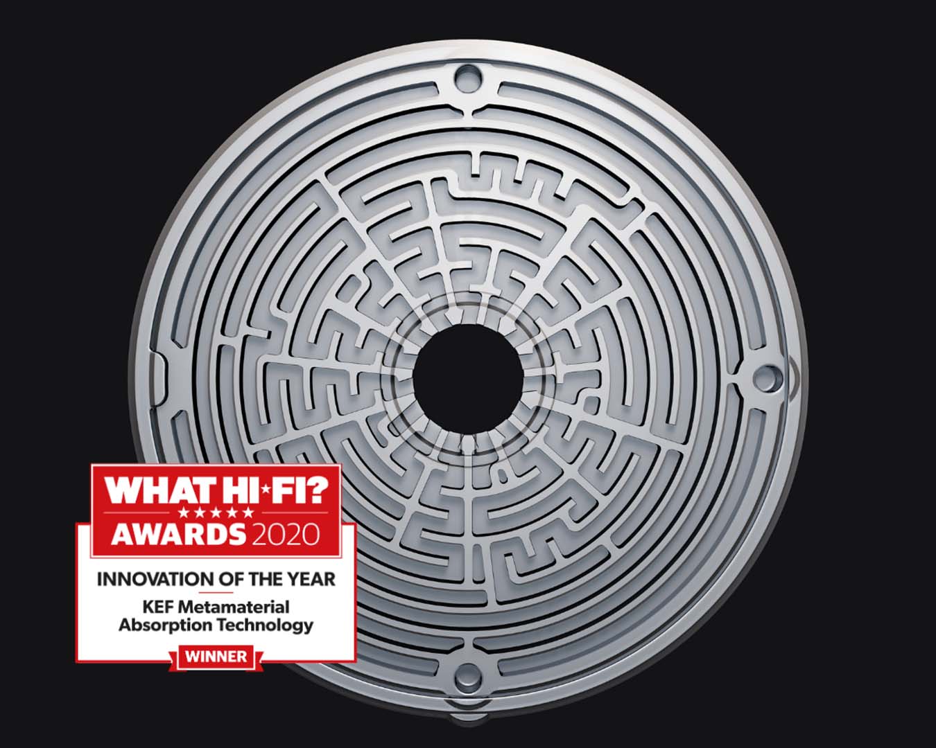 Circular, intricate maze design with a central hole, surrounded by a dark background. A red "What Hi-Fi? Awards 2020" badge reads "Innovation of the Year, KEF Metamaterial Absorption Technology Winner."