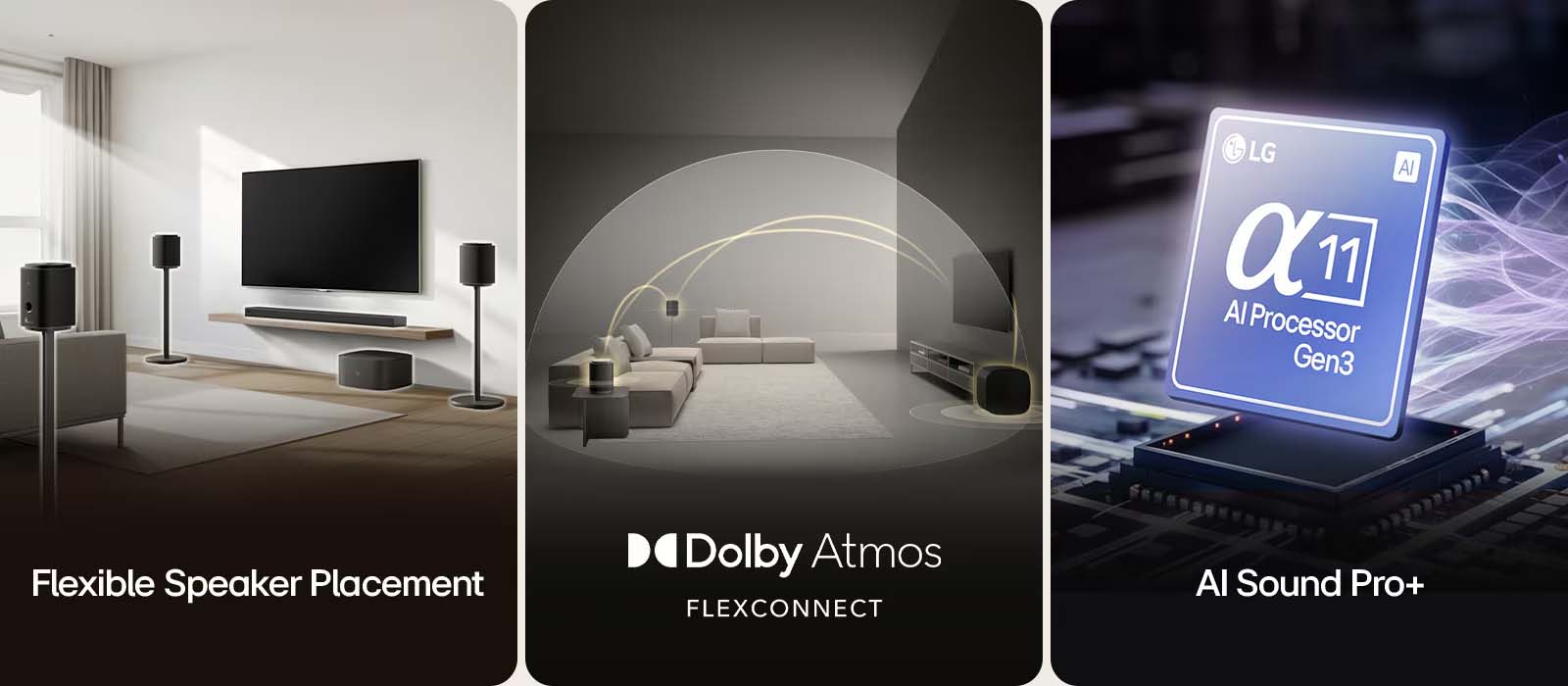 Three-panel image. Left: Living room with flexible speaker setup. Center: Dolby Atmos FlexConnect illustration. Right: AI Processor Gen3 chip labeled "AI Sound Pro+."