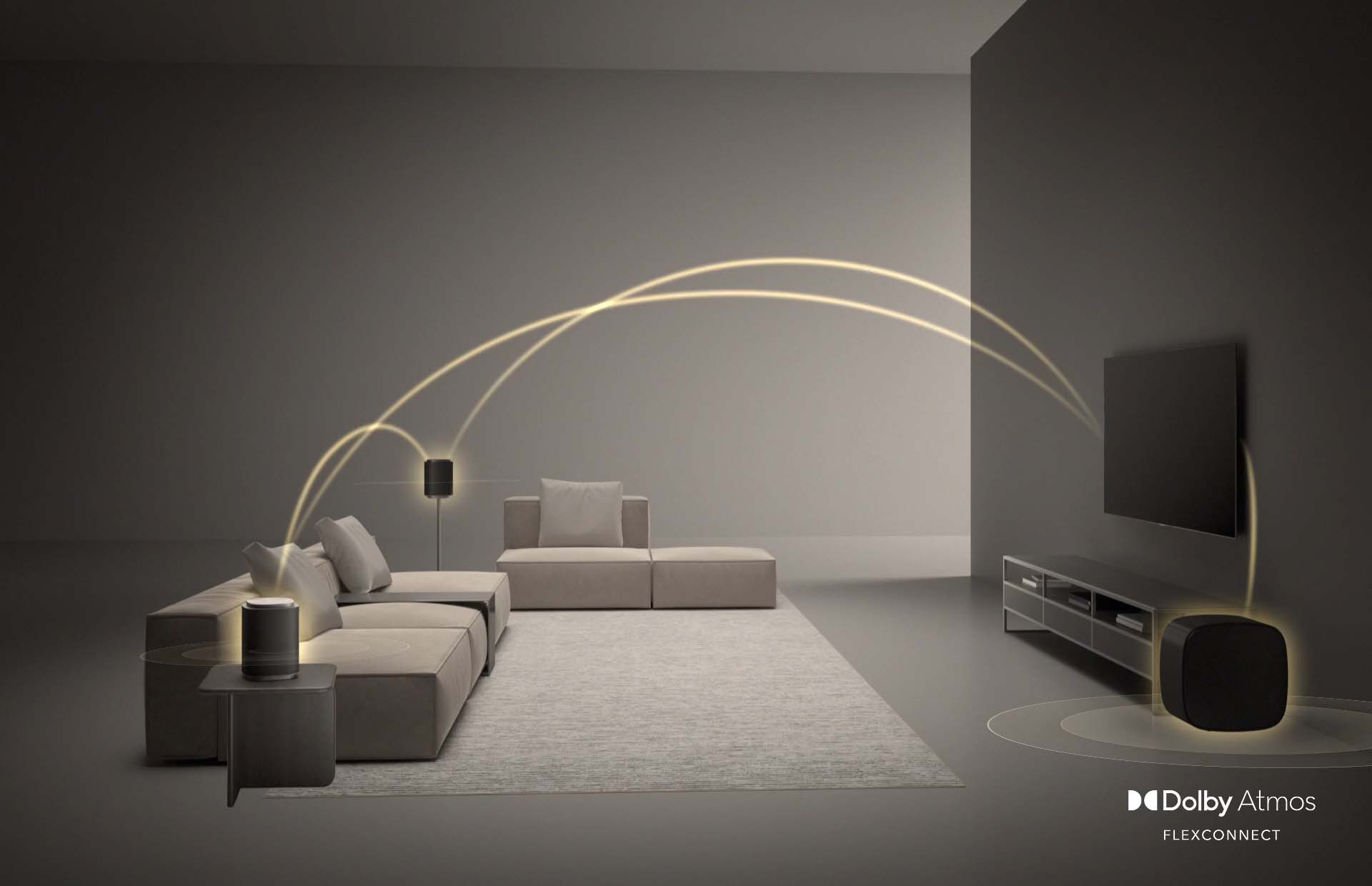 Minimalist living room with a beige sofa, TV on the right, and speakers. Yellow sound waves illustrate Dolby Atmos FlexConnect audio distribution.