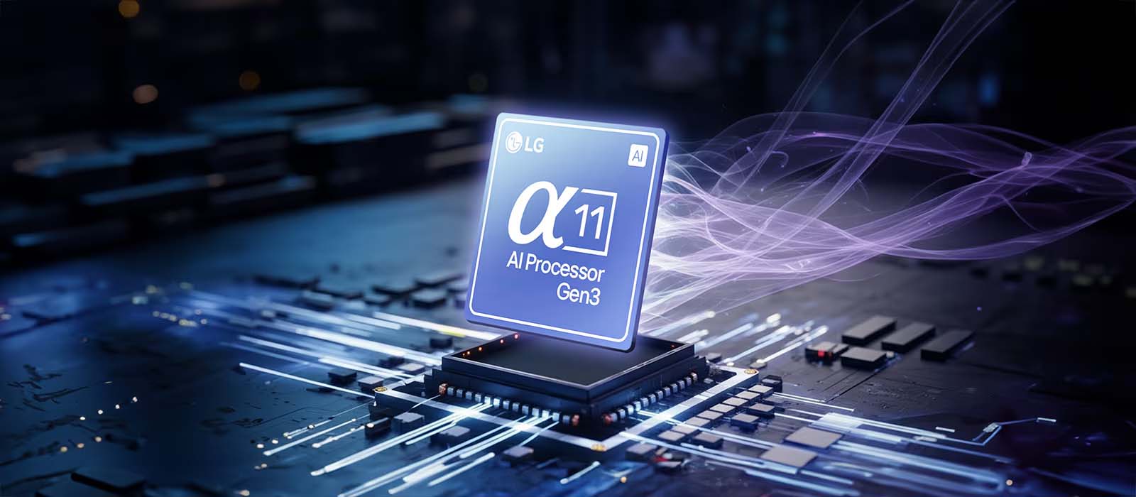 An AI processor chip labeled "LG α11 AI Processor Gen3" is on a circuit board with glowing connections. Purple light trails flow from it, creating a futuristic tone.