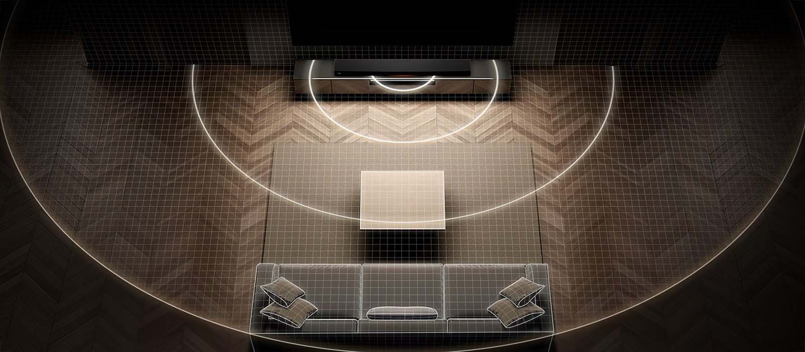 A top-down view of a modern living room shows a sofa and a coffee table on wooden flooring. Circular sound waves emanate from a sleek soundbar, indicating immersive audio.