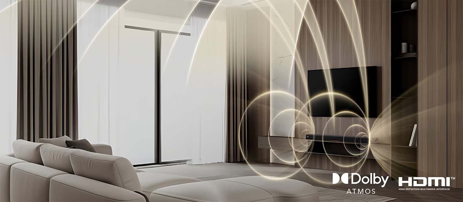 Modern living room featuring a sleek TV setup with Dolby Atmos, HDMI logos, and soundwave graphics, conveying a high-tech, immersive audio experience.
