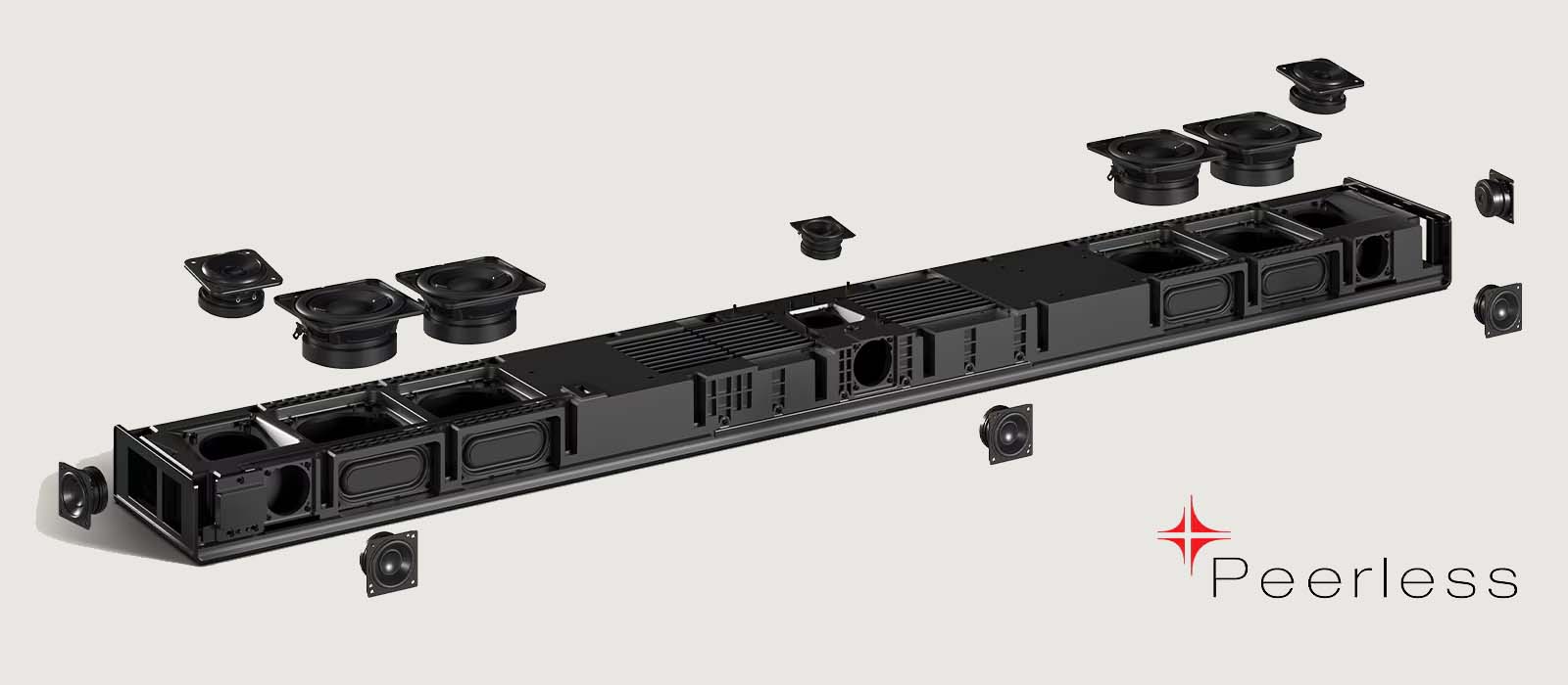 Exploded view of Peerless audio equipment showcasing internal components like speakers and casings, displaying technical sophistication.