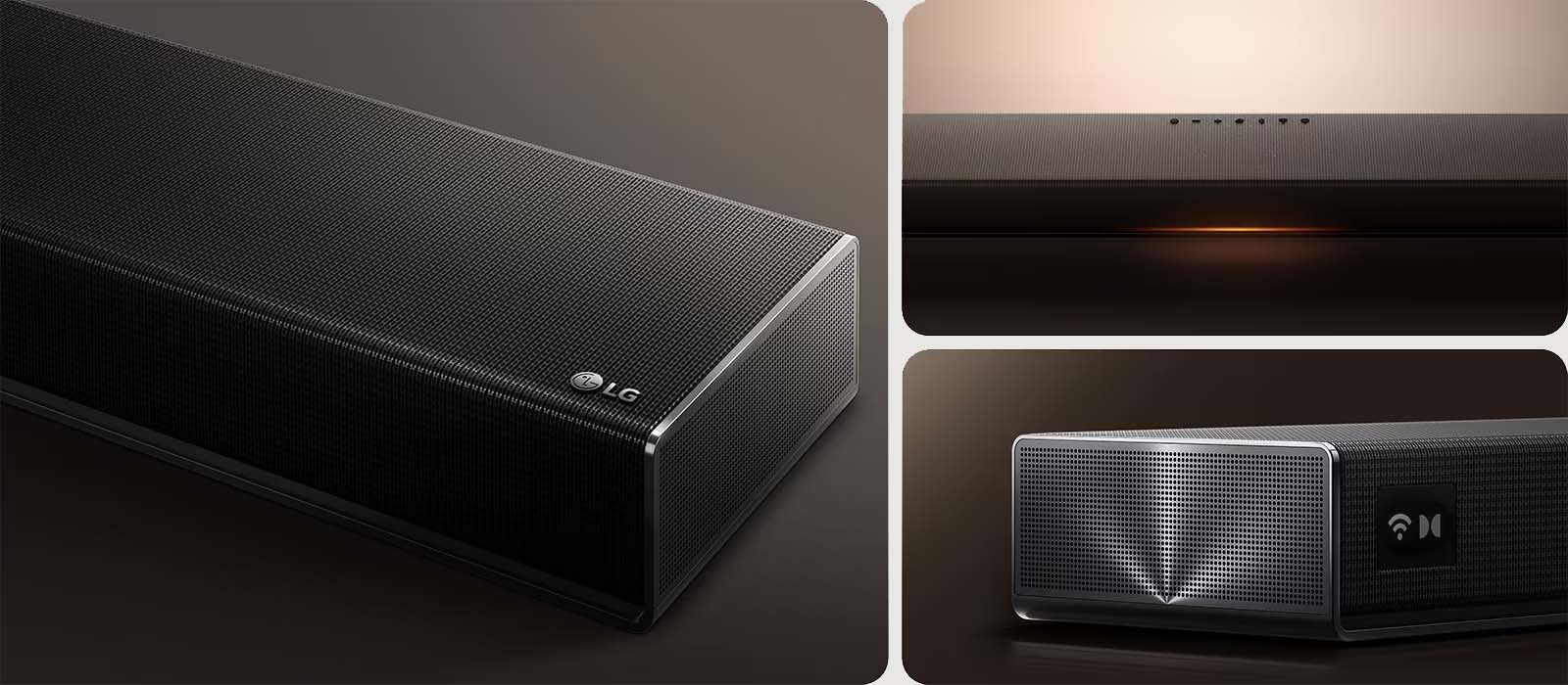 Sleek LG soundbar in black with a textured finish. Close-ups show a subtle control panel with lights, creating an elegant and modern feel.