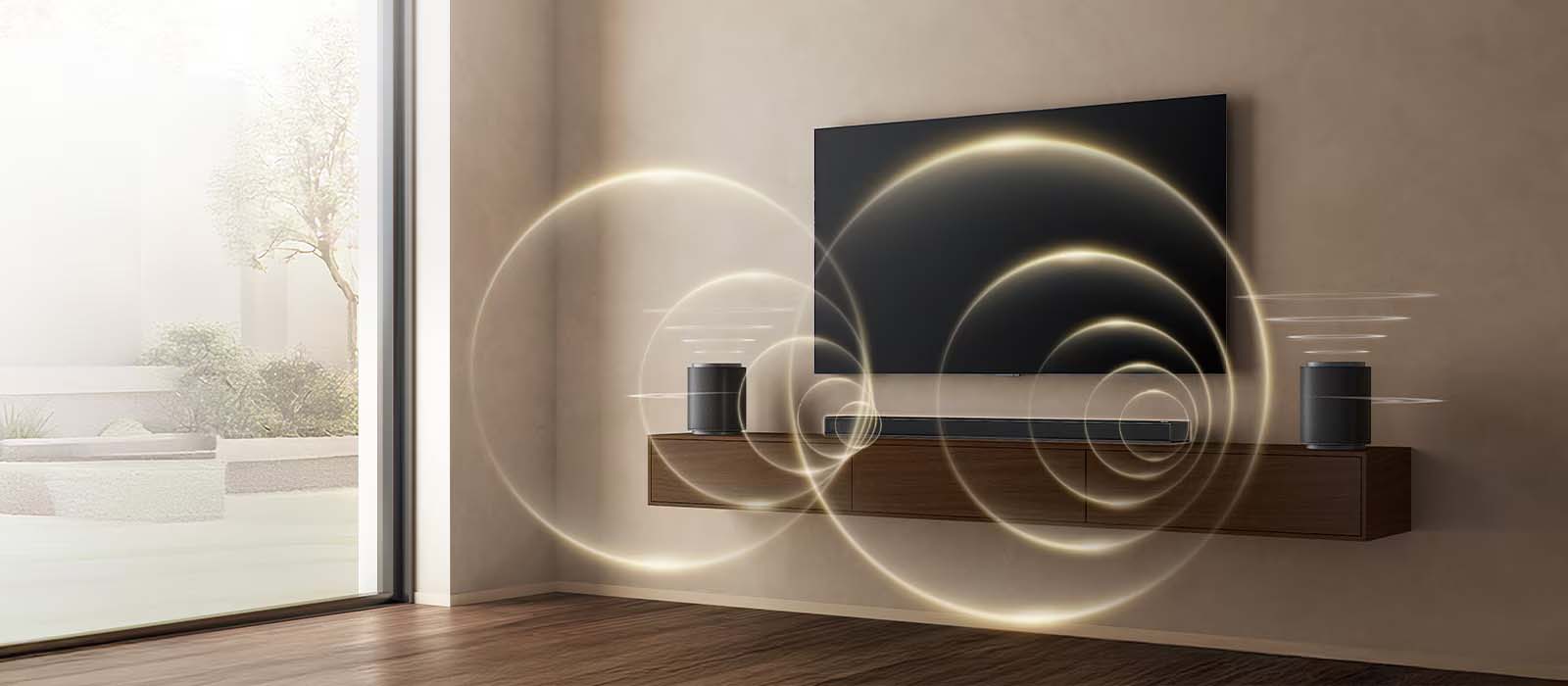 A modern living room with a flat-screen TV mounted above a wooden shelf, flanked by two speakers. Sound waves visually depicted in glowing circles. Bright, airy ambiance.
