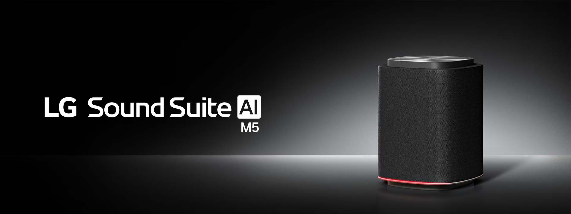 A sleek black speaker with a red LED base glows on the right, set against a dark background. "LG Sound Suite AI M5" is displayed in bold white text on the left.