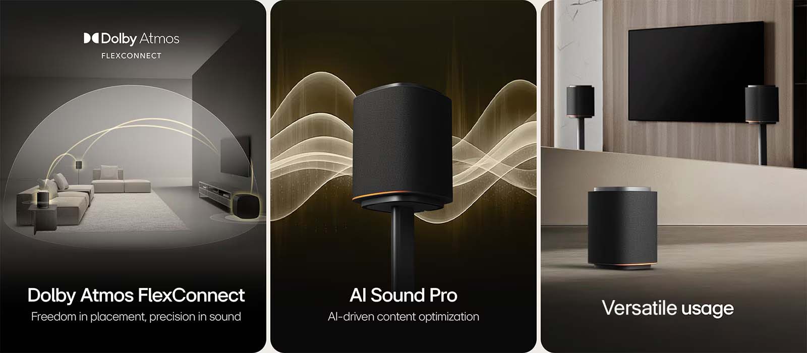 Three-panel image showcasing Dolby Atmos FlexConnect. Left: sound arcs over furniture, middle: speaker with sound waves, right: speaker and TV setup.