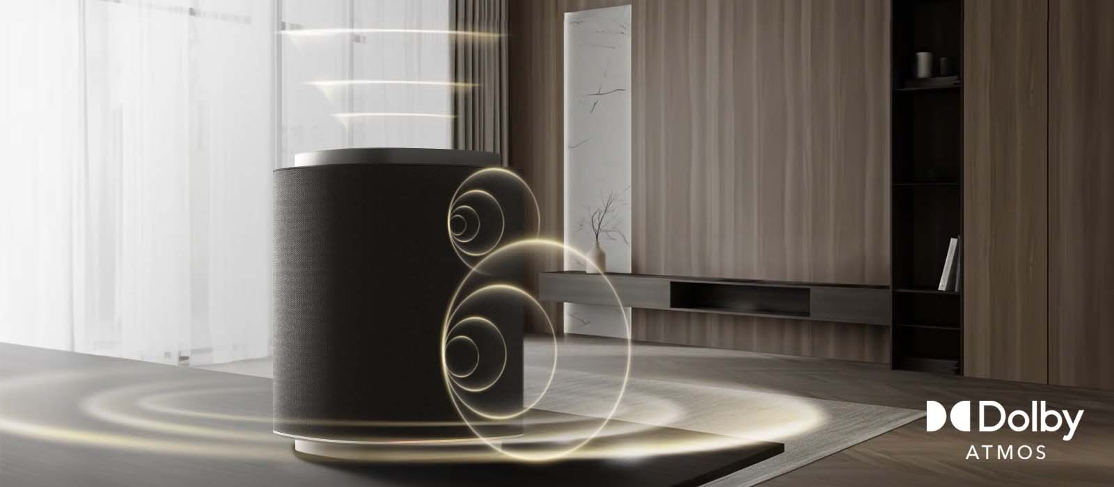 A sleek, modern speaker emits swirling sound waves in a minimalist room. The logo "Dolby Atmos" is displayed, conveying advanced audio technology.