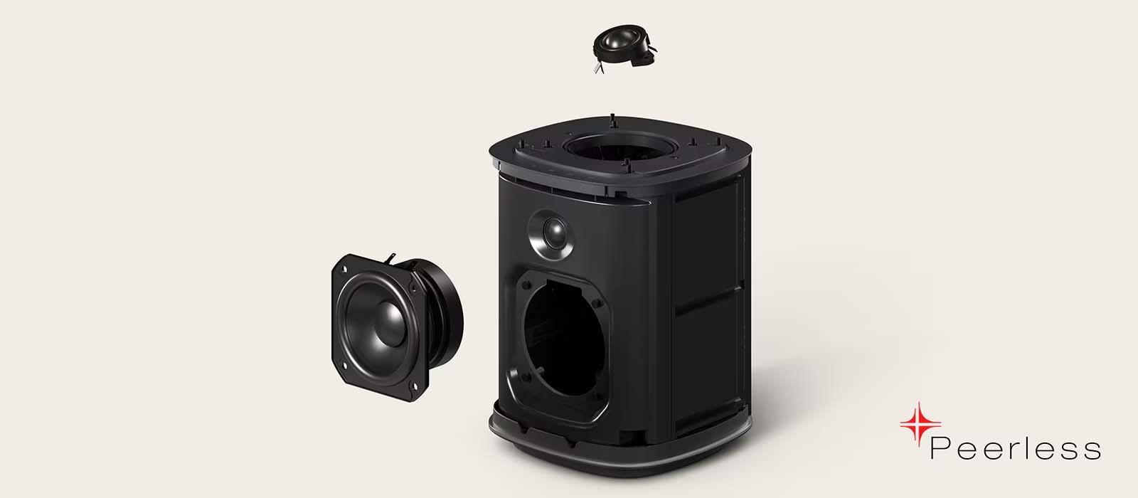 Exploded view of a black speaker showing separate components against a light background. The Peerless logo is in the bottom right corner.