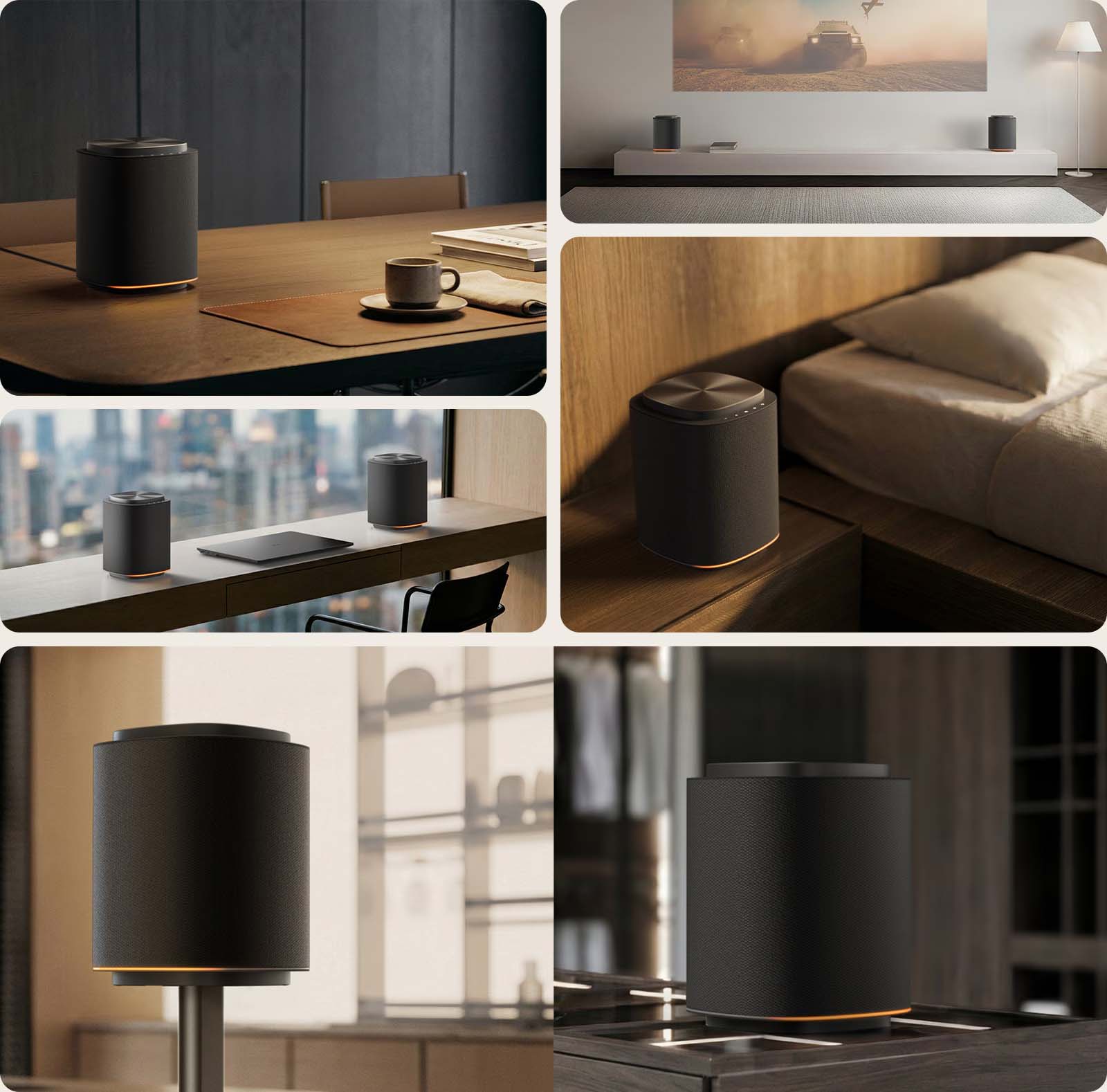 Collage of sleek black smart speakers placed in various modern settings—on a dining table, TV console, home office desk, bedside, and kitchen counter.