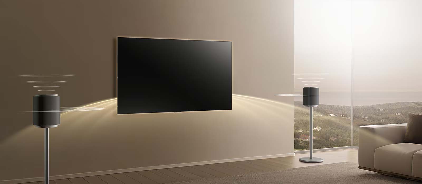Modern living room with a wall-mounted TV, two sleek speakers emitting sound waves, and soft natural light from large windows. The ambiance is calm and elegant.