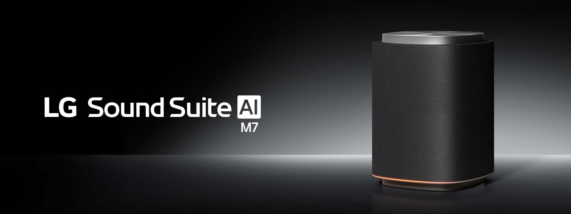A sleek black LG Sound Suite AI M7 speaker on a dark background. The product name is prominently displayed on the left, conveying a modern, high-tech feel.