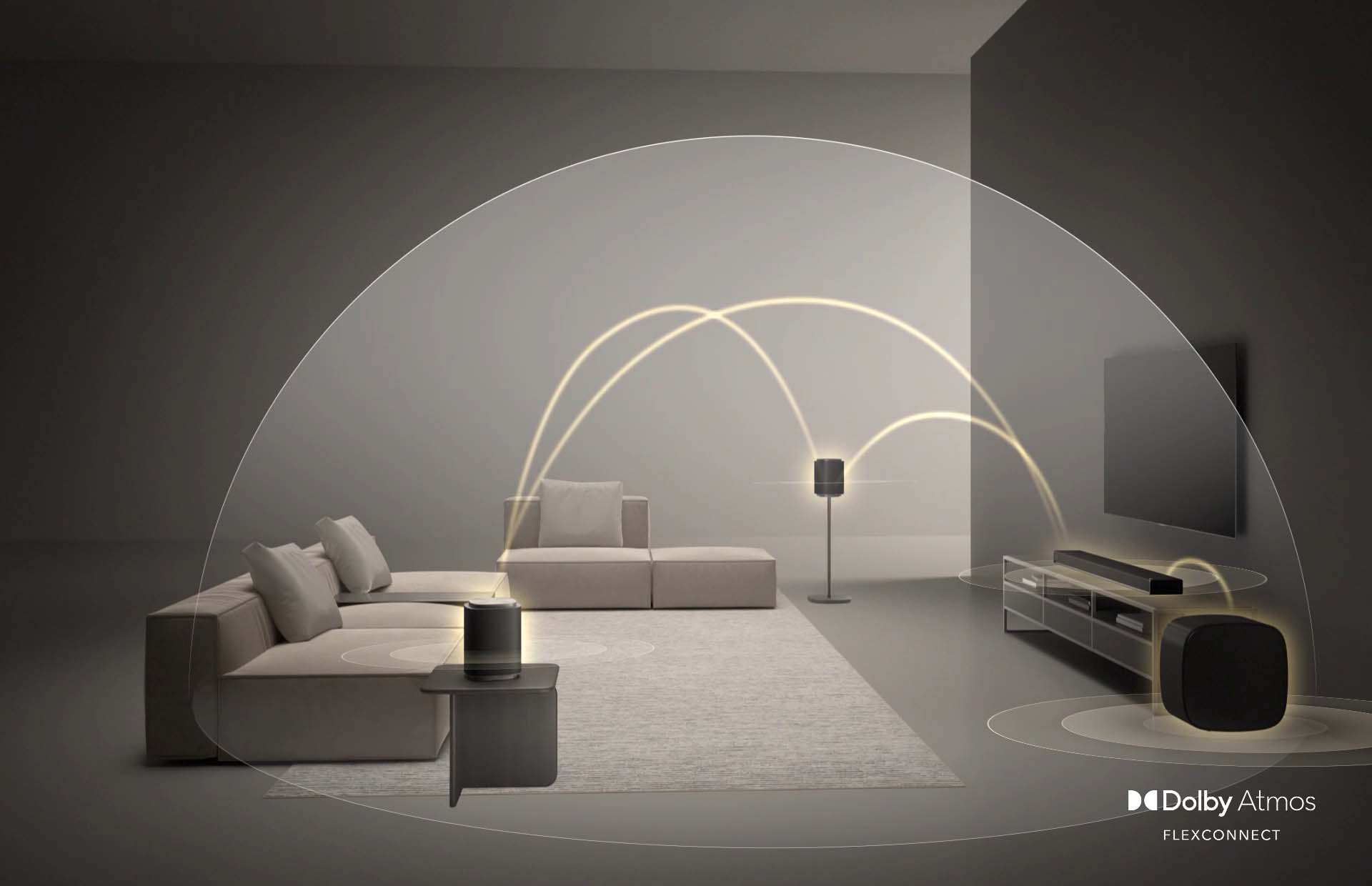 Modern living room showcasing Dolby Atmos FlexConnect. A couch, TV, and speakers are connected by dynamic sound wave arcs, creating an immersive atmosphere.