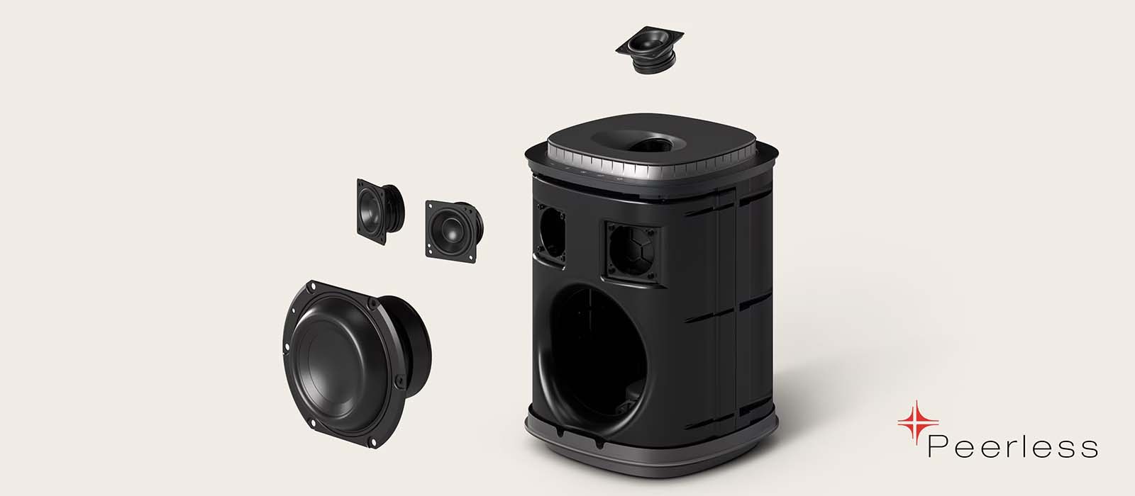 Exploded view of a black speaker with separate components, including woofers and tweeters, floating beside the casing. The Peerless logo is at the bottom right.