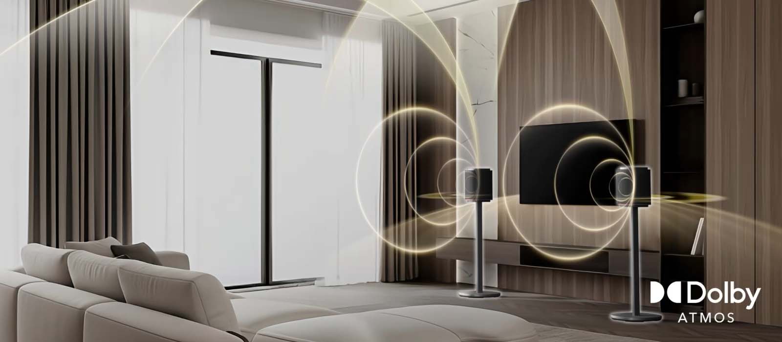 Modern living room with sleek design, featuring a large TV and Dolby Atmos sound system. Curved sound waves illustrate immersive audio.