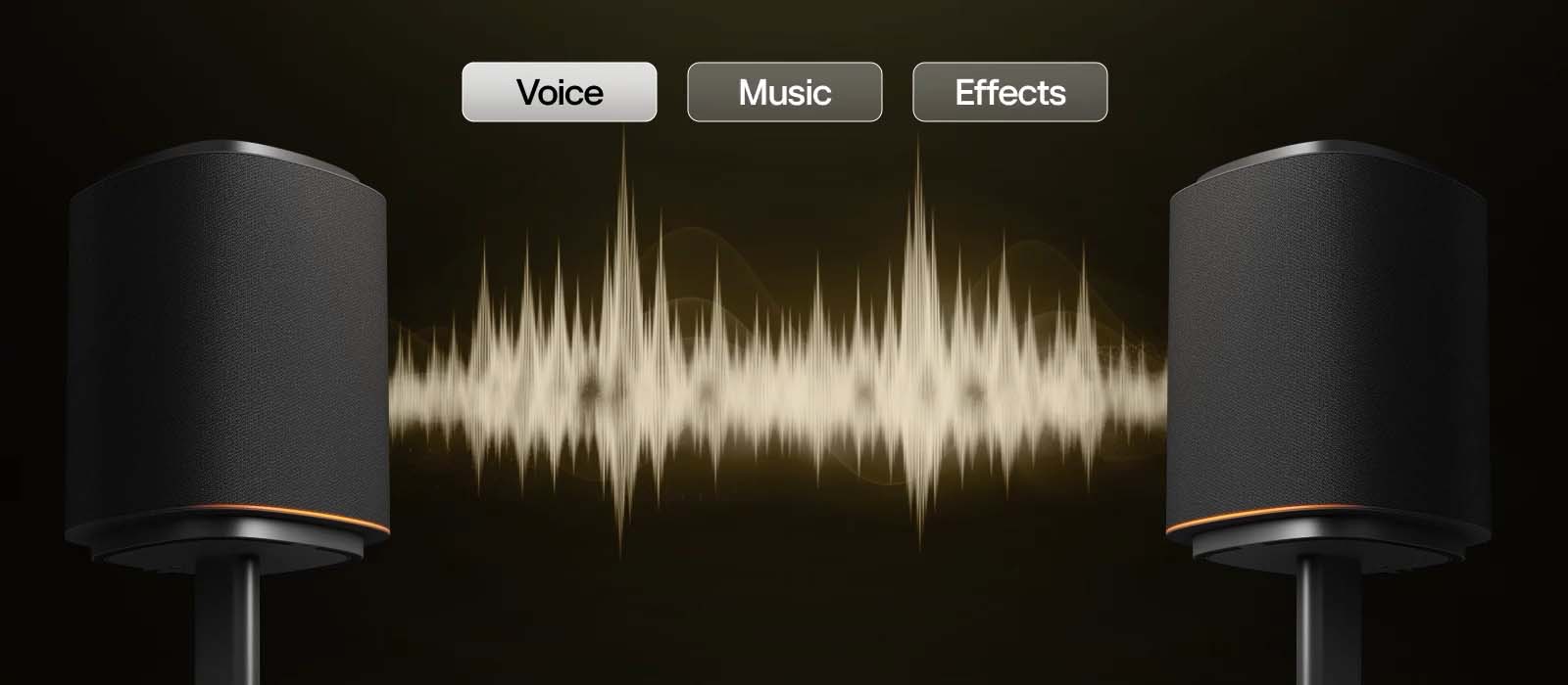 Two black speakers face each other with a sound wave between them. Above, buttons labeled Voice, Music, and Effects suggest audio options.