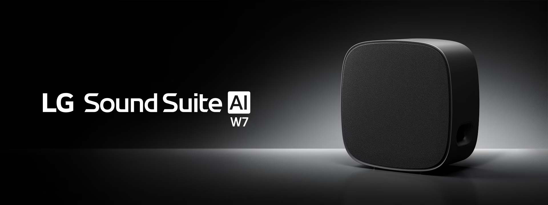 Sleek black speaker against a dark gradient background. Text reads "LG Sound Suite AI W7" in white, creating a modern and sophisticated tone.