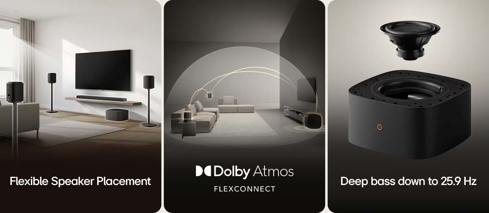 A three-panel image: Left shows a sleek home theater with flexible speaker placement. Center highlights Dolby Atmos FlexConnect. Right depicts a subwoofer with "Deep bass down to 25.9 Hz."
