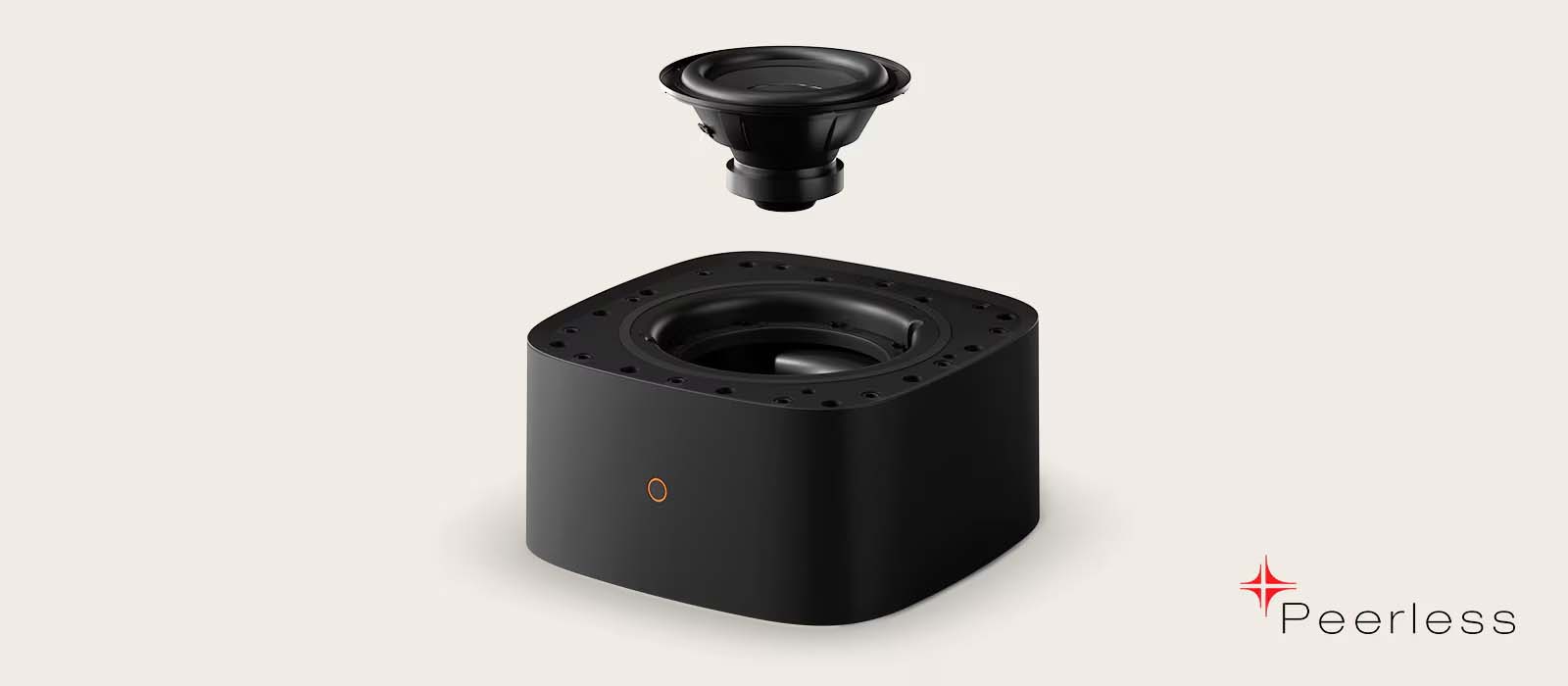 Floating speaker components: a black box with circular top holds a sleek, detached speaker above it. The logo “Peerless” is at the bottom right.